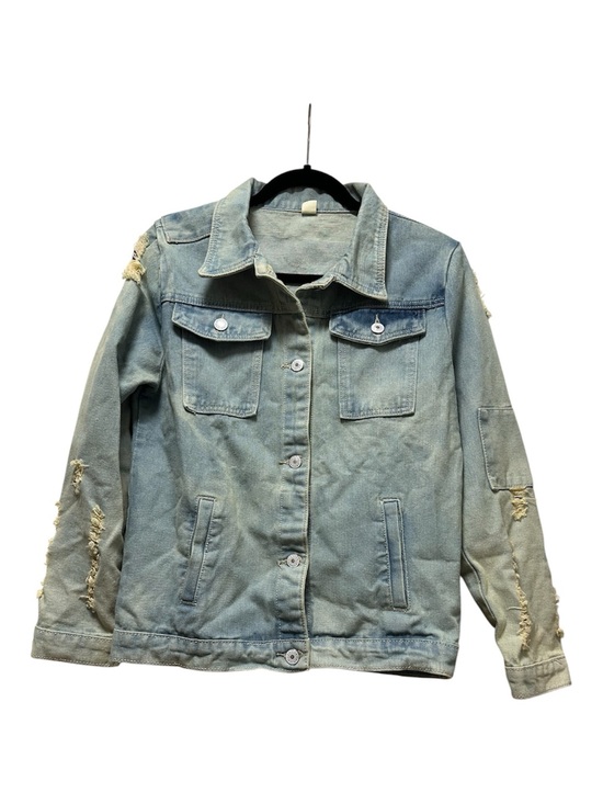 Jackets & Blazers - Light Blue Distressed Denim Jean Jacket with Graphic Print